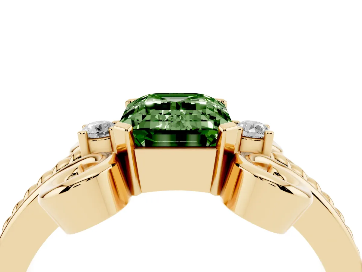 Fancy Green Emerald Cut Solitaire Twisted Band Scroll Prong Ring Yellow gold