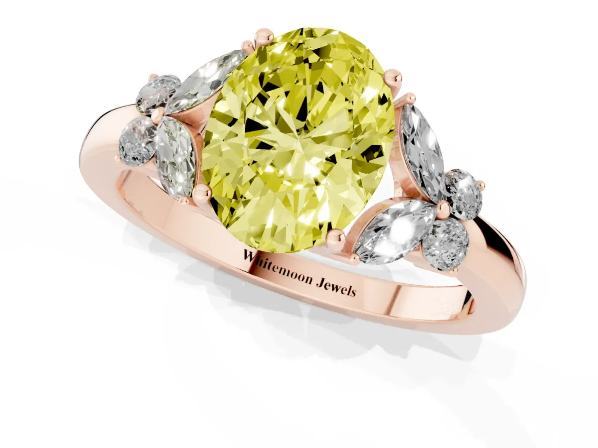 Fancy Yellow Oval Cut Cut Solitaire Floral Diamond Ring with Four-Prong Setting Rose gold