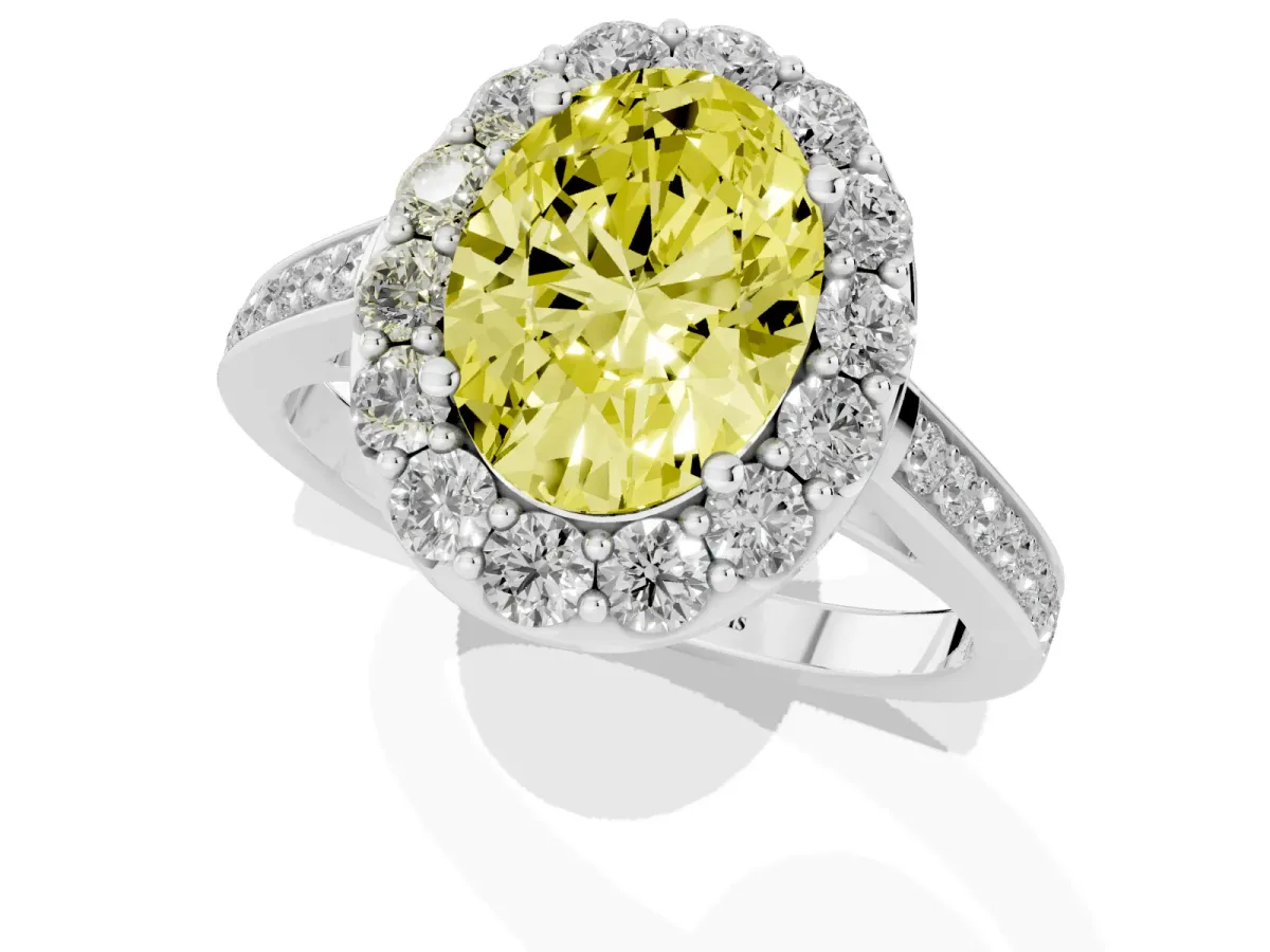 Fancy Yellow Oval Cut Diamond Floral Halo Ring with Pavé Band and Prong Setting White gold