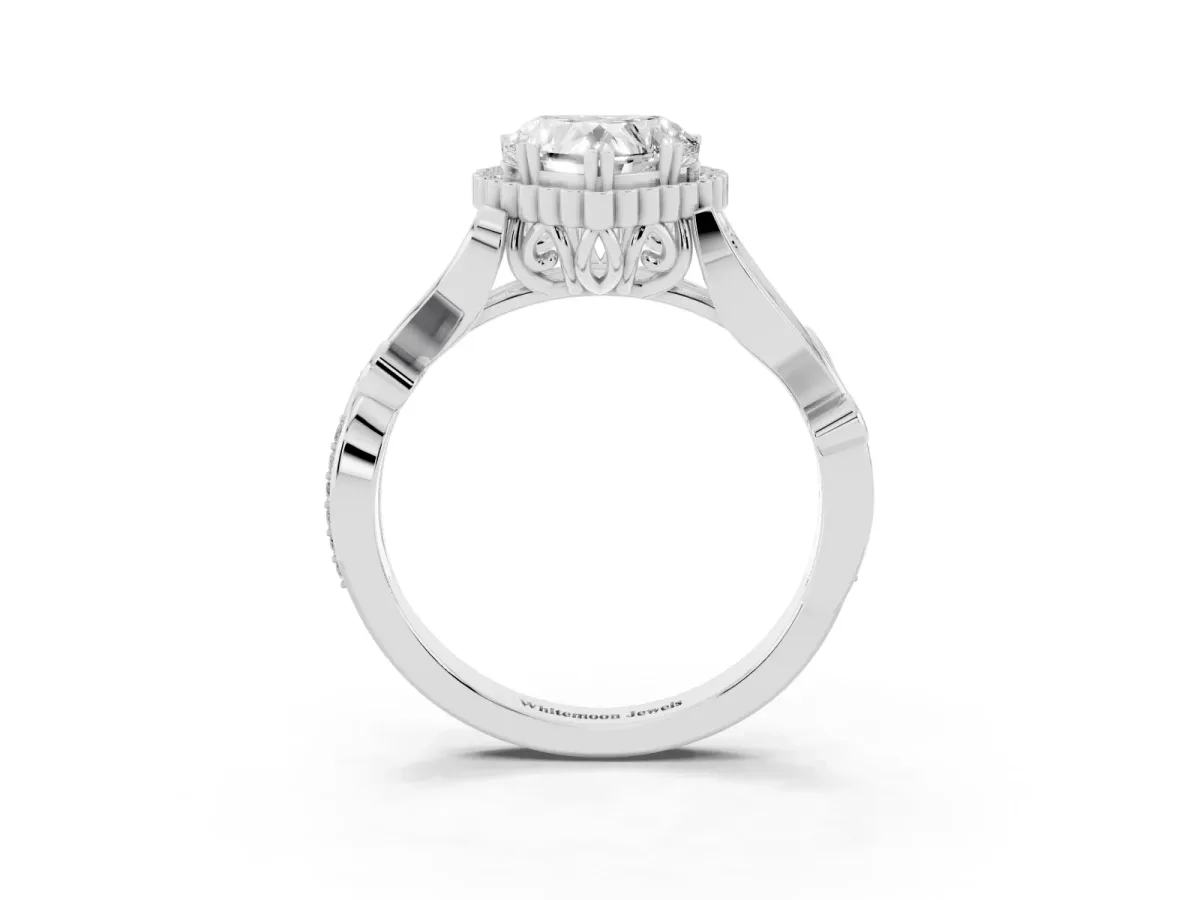 Heart Cut Diamond Halo Ring with Vintage Split Shank and Four-Prong Setting Silver