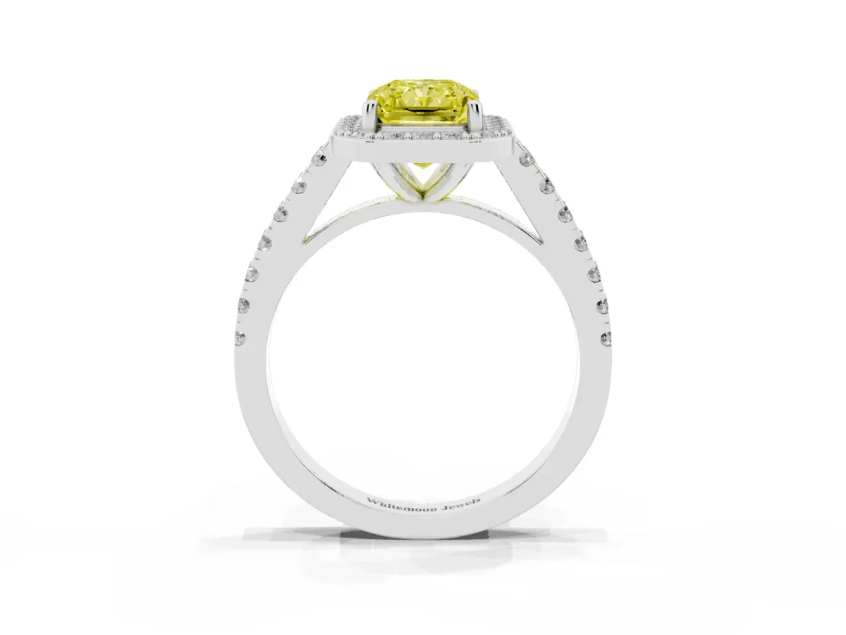 Fancy Yellow Radiant Cut Diamond Halo Ring with Round Pavé Split Shank and Prong Setting Silver