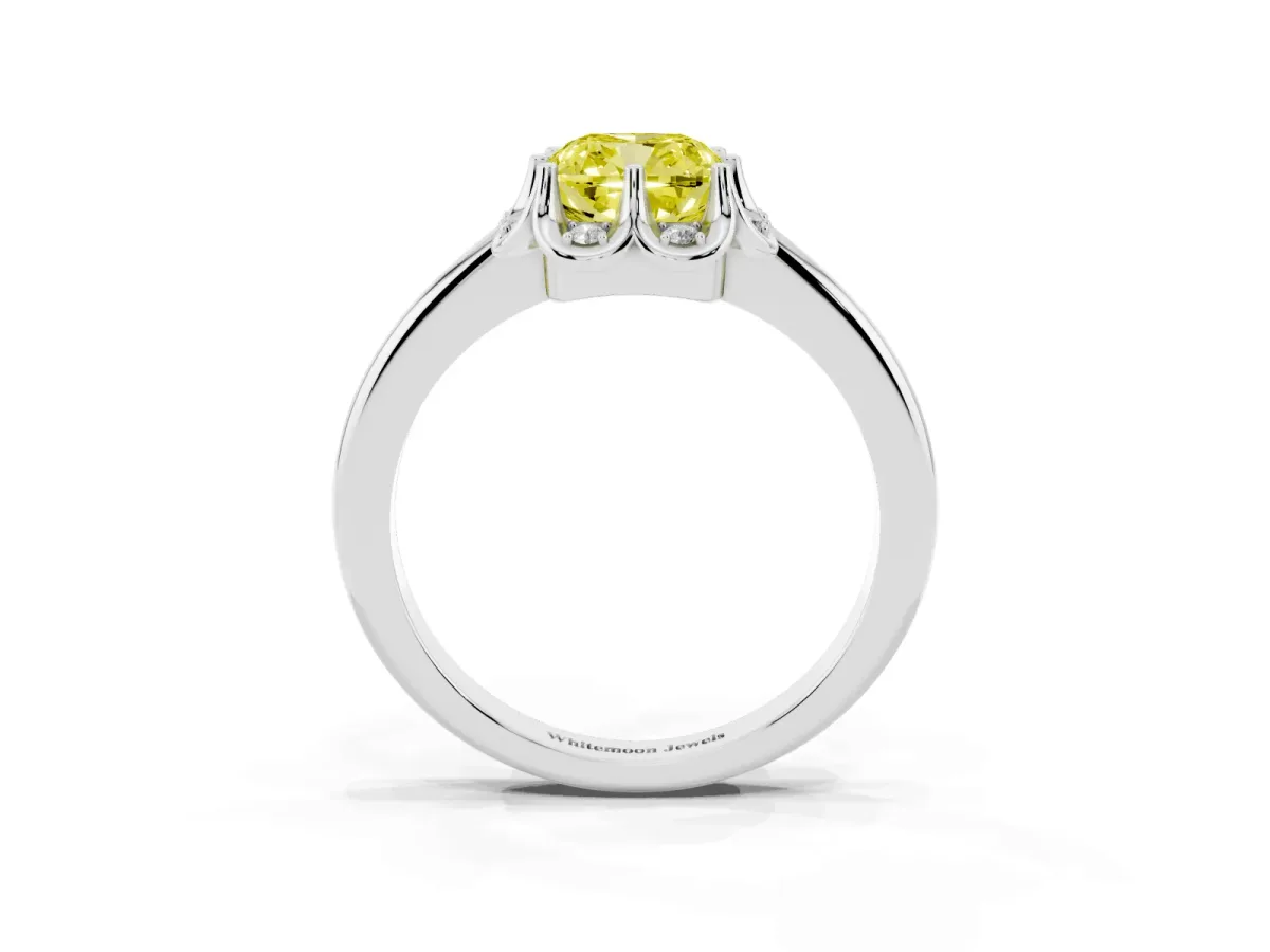 Fancy Yellow Cushion Cut Halo Diamond Ring with Round Cluster Setting, Solitaire Band, and Four-Prong Setting Platinum