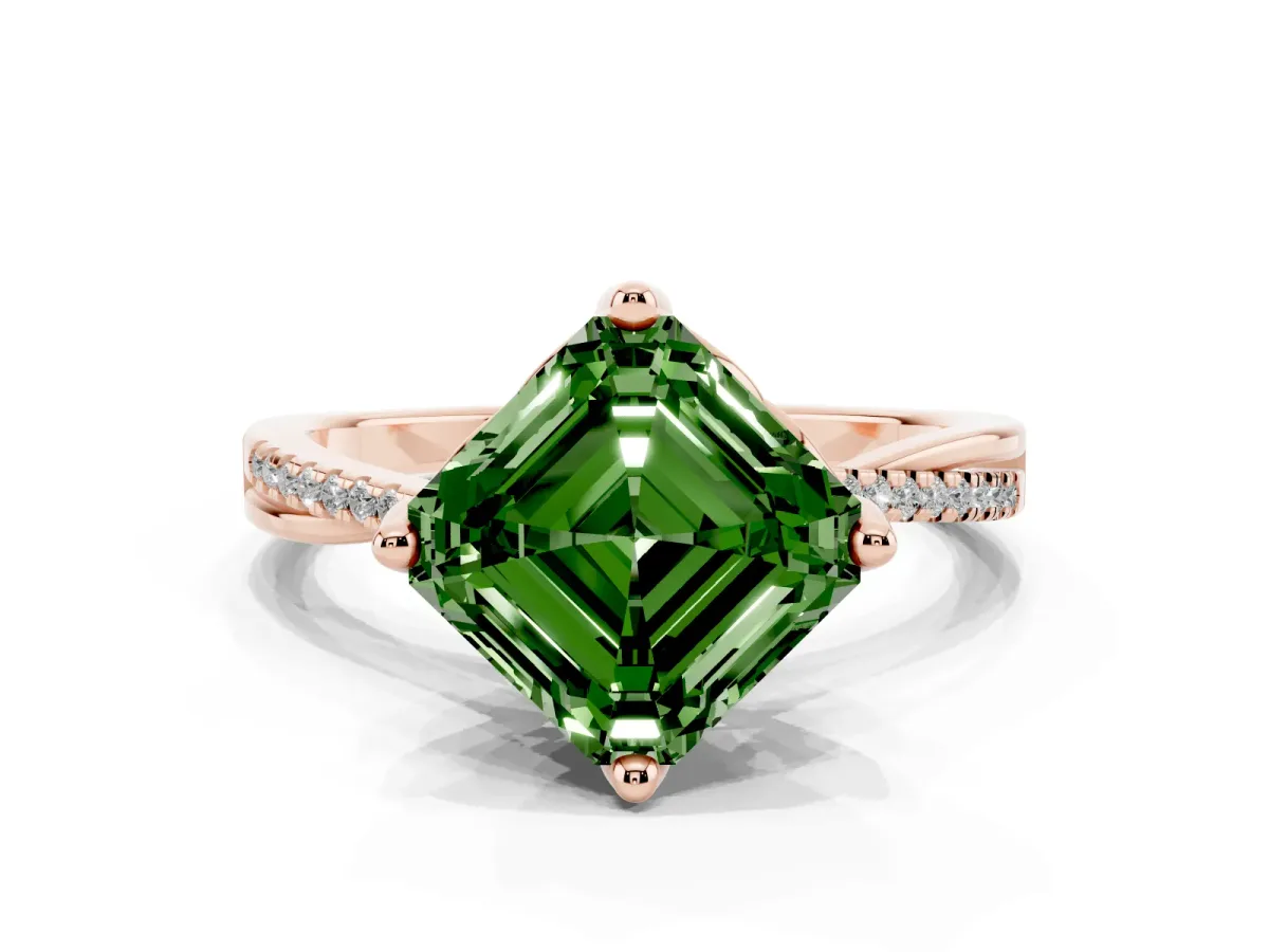 Fancy Green Asscher Cut Solitaire Twist Band with Pavé Diamonds and Four-Prong Setting Rose gold