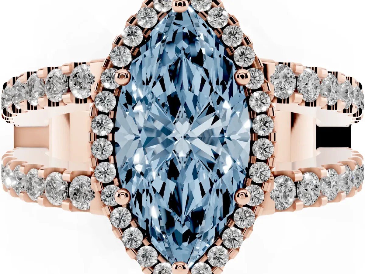 Fancy Blue Marquise Cut Cut Halo Split Shank Diamond Ring with Four-Prong Setting Rose gold