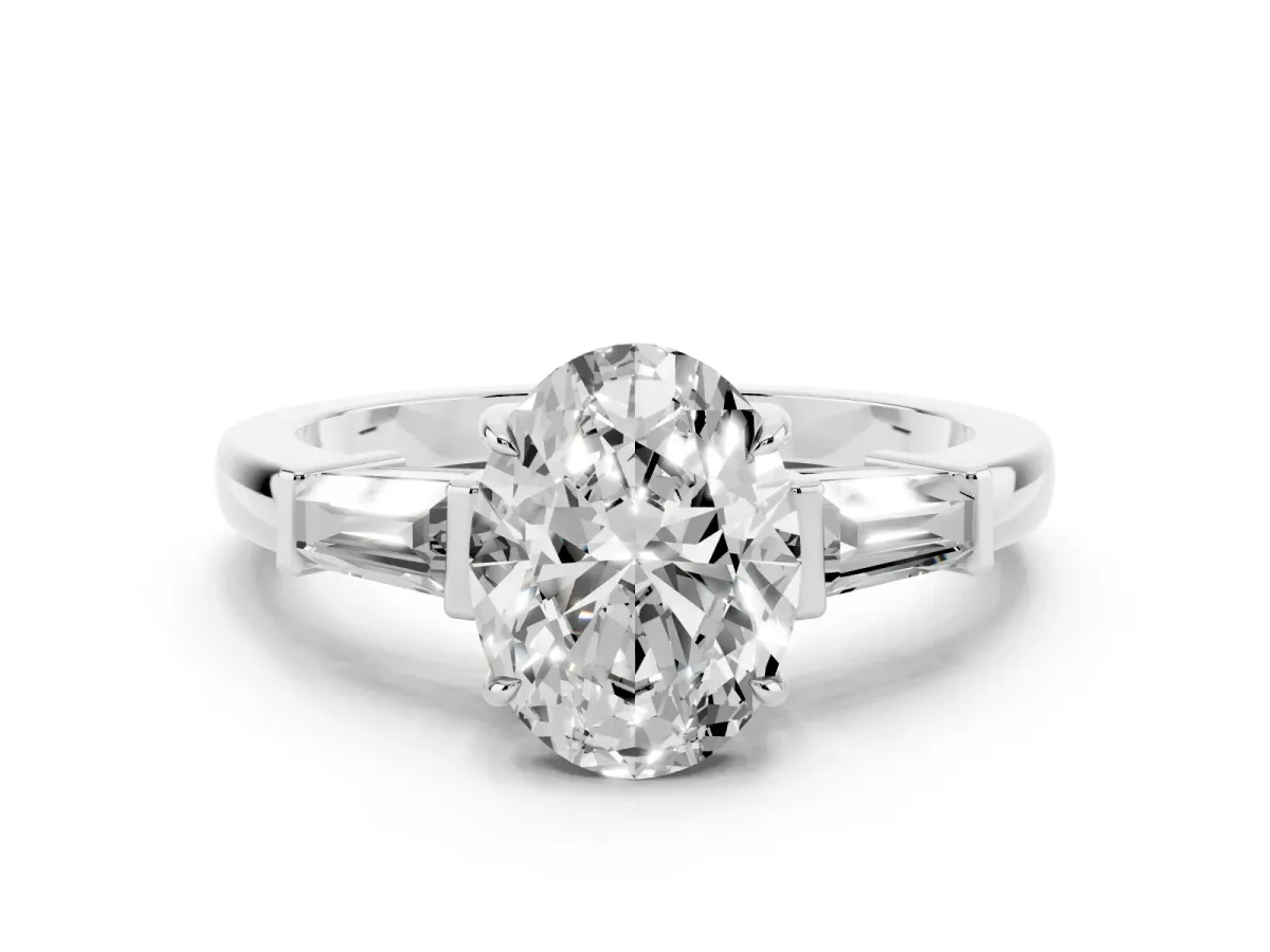 Oval Cut Diamond Three-Stone Ring with Tapered Baguette Side Stones and Prong Setting Silver