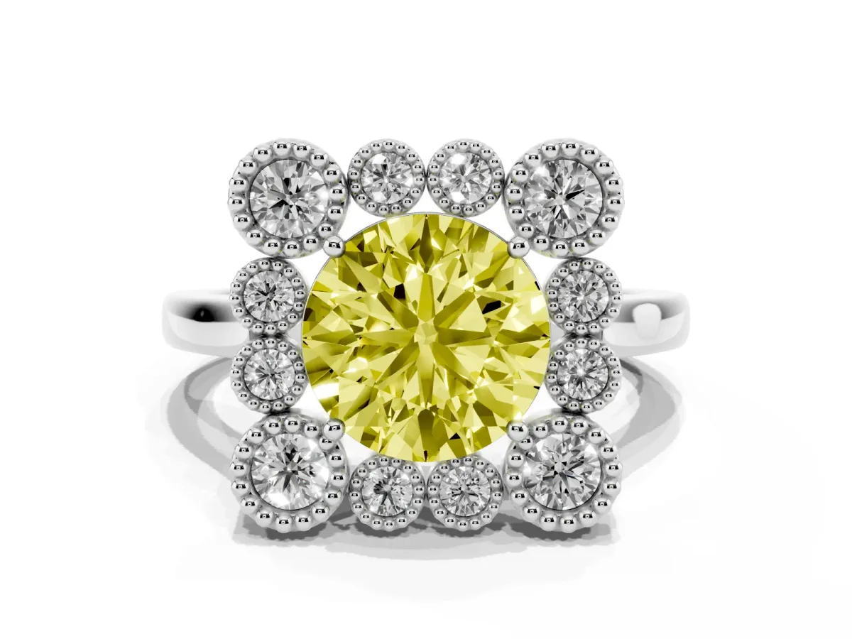 Fancy Yellow Round Cut Halo Diamond Cluster Engagement Ring with Milgrain Bezel Setting and Solitaire Band Silver