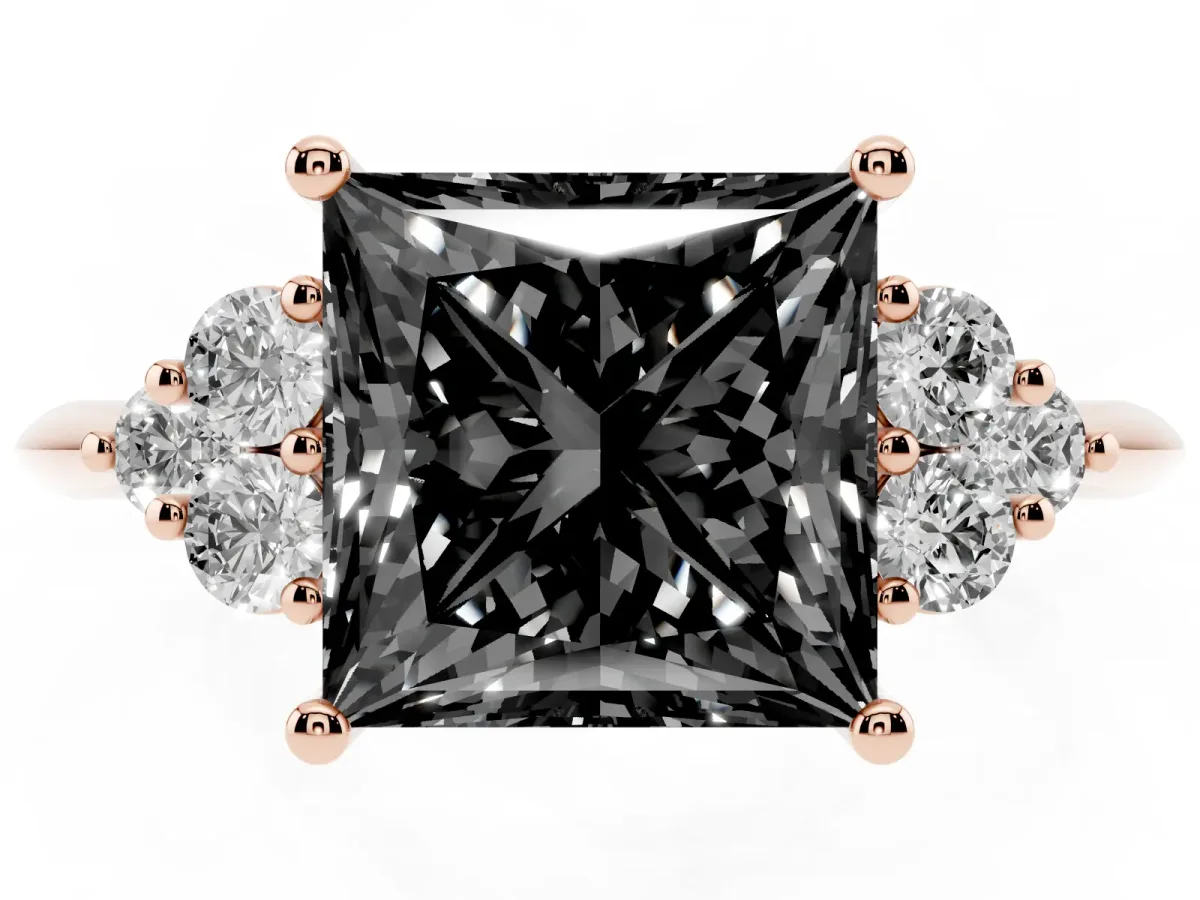 Fancy Black Princess Cut Cut Diamond Cluster Ring with Solitaire Band and Four-Prong Setting Rose gold