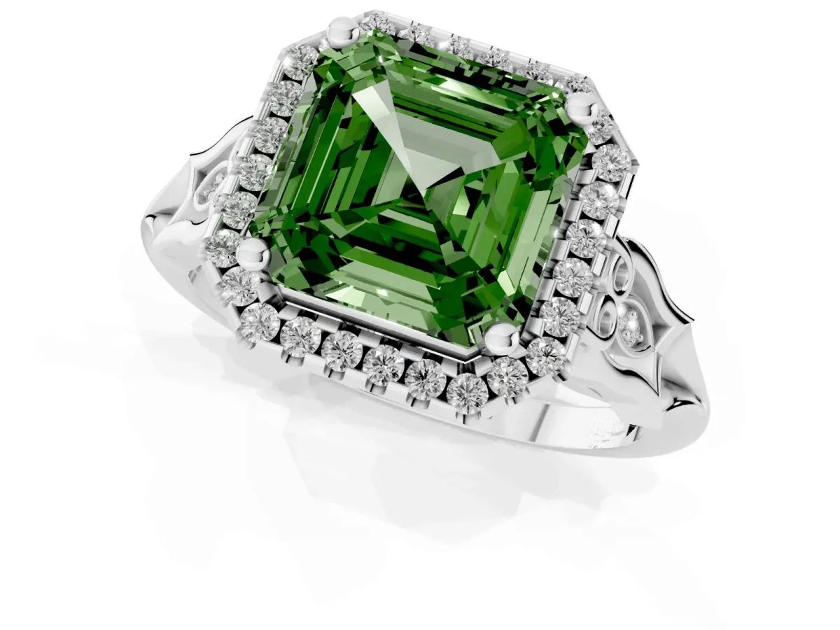 Fancy Green Asscher Cut Halo Diamond Engagement Ring with Filigree Band and Four-Prong Setting White gold