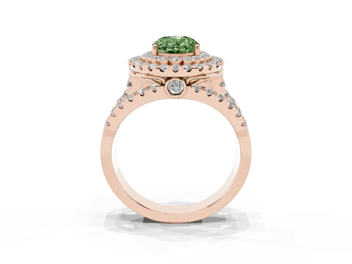 Fancy Green Oval Cut Diamond Double Halo Ring with Round Pavé Split Shank and Prong Setting Rose gold
