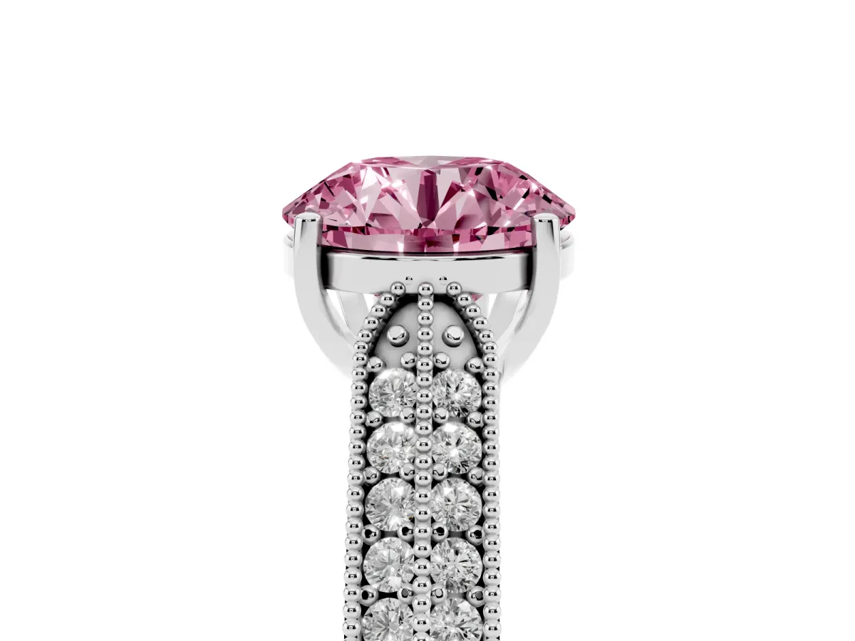 Fancy Pink Round Cut Cut Pave Split Shank Engagement Ring with Four-Prong Setting White gold