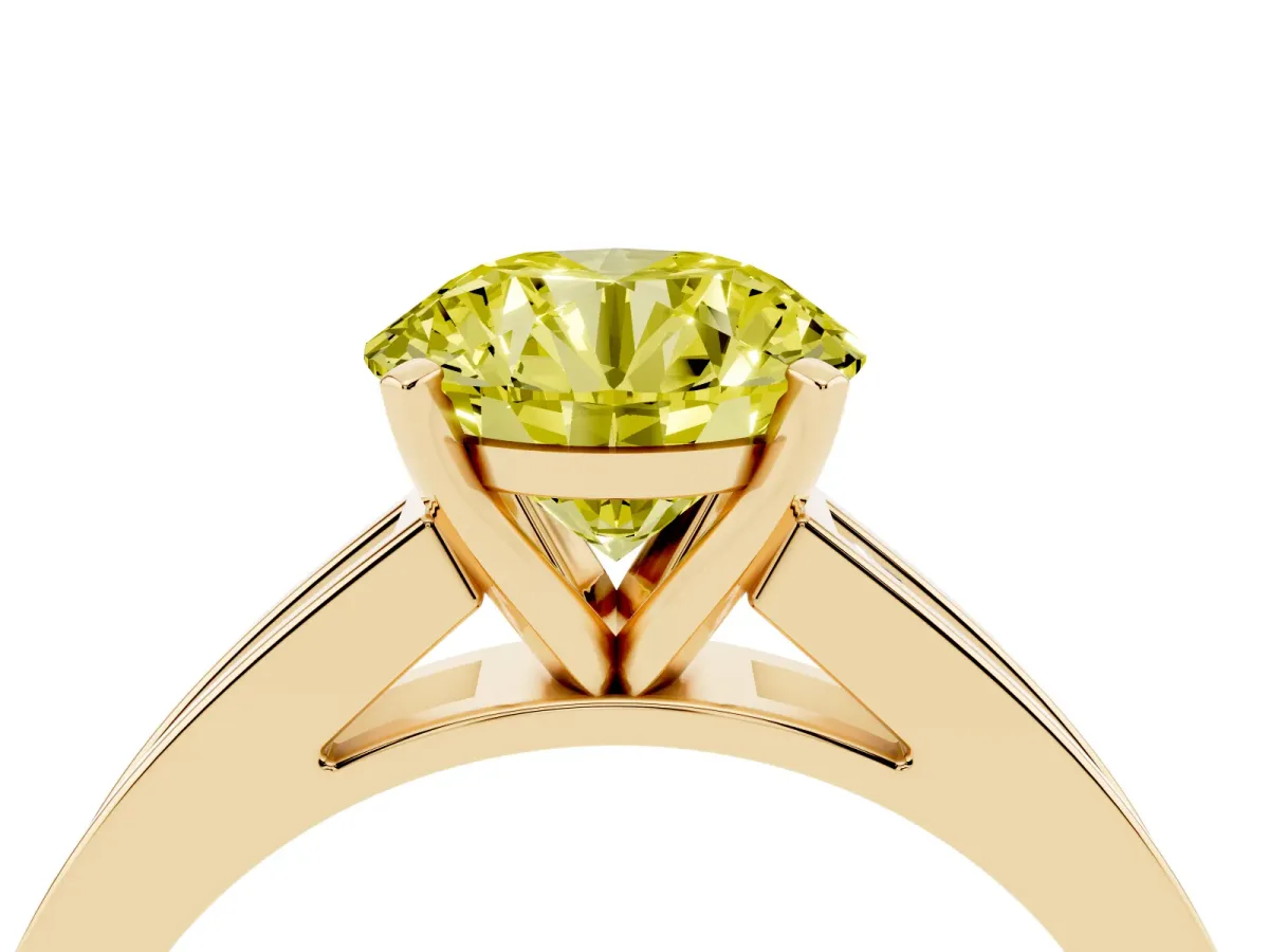 Fancy Yellow Round Cut Solitaire Diamond Ring with Channel-Set Band and Four-Prong Setting Yellow gold