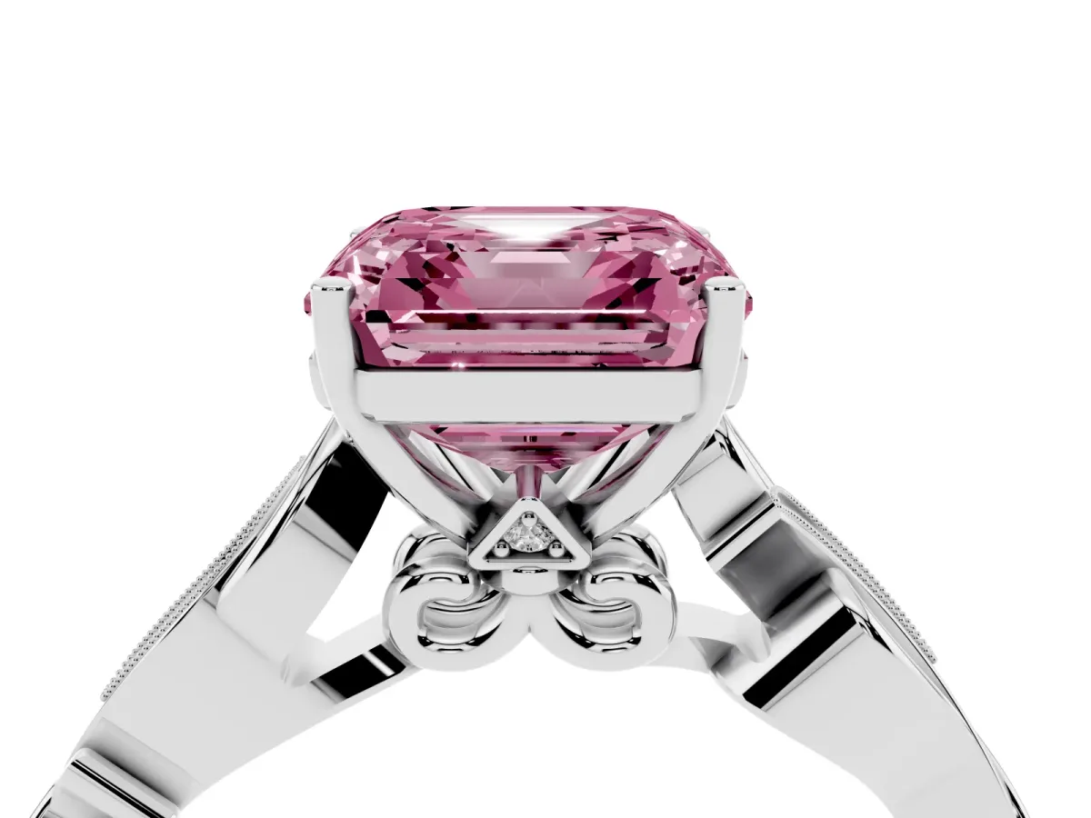 Fancy Pink Asscher Cut Solitaire Vine Band with Milgrain Prong Setting Platinum