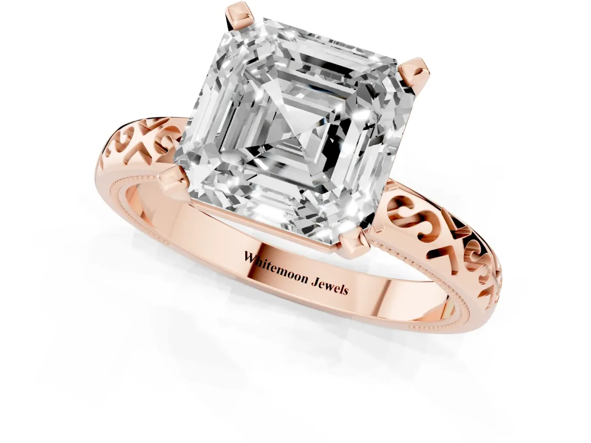 Asscher Cut Solitaire Engagement Ring with Scrollwork Band and Four-Prong Setting Rose gold