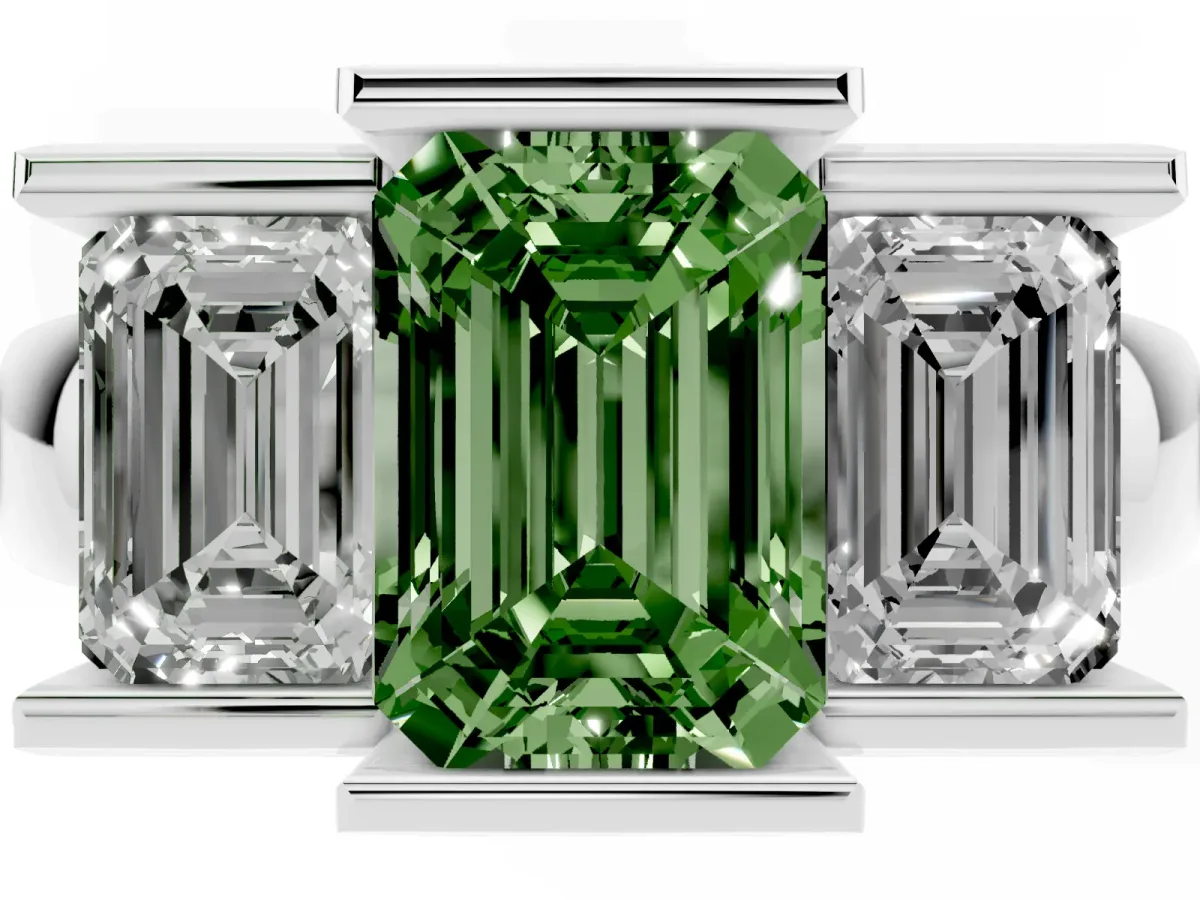 Fancy Green Three Stone Emerald Cut Cut Channel Set Diamond Ring Platinum