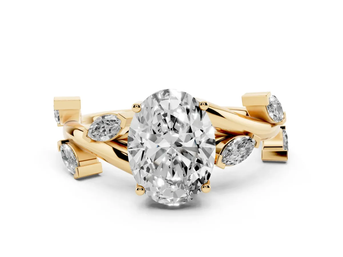 Oval Cut Solitaire Twisted Band Marquise Accent Prong Setting Ring Yellow gold