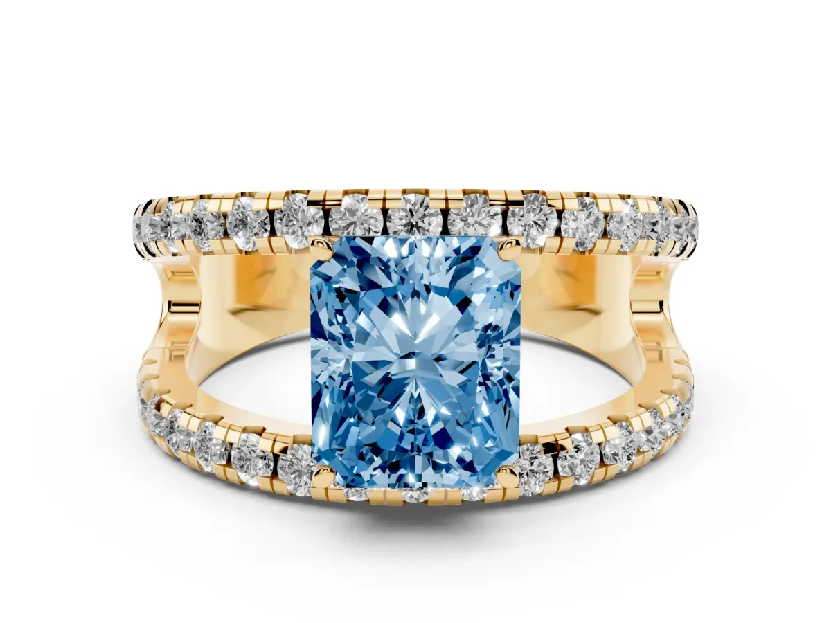Fancy Blue Radiant Cut Solitaire Split Shank Pave Diamond Ring Yellow gold