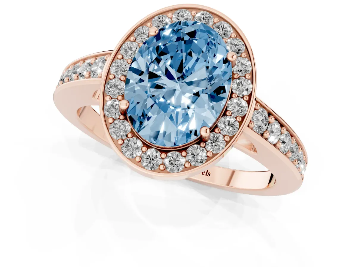 Fancy Blue Oval Cut Halo Pavé Diamond Engagement Ring with Bezel Setting Rose gold