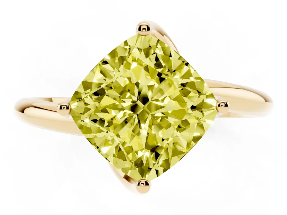 Fancy Yellow Cushion Cut Diamond Solitaire Engagement Ring with Four-Prong Setting and Classic Band Yellow gold