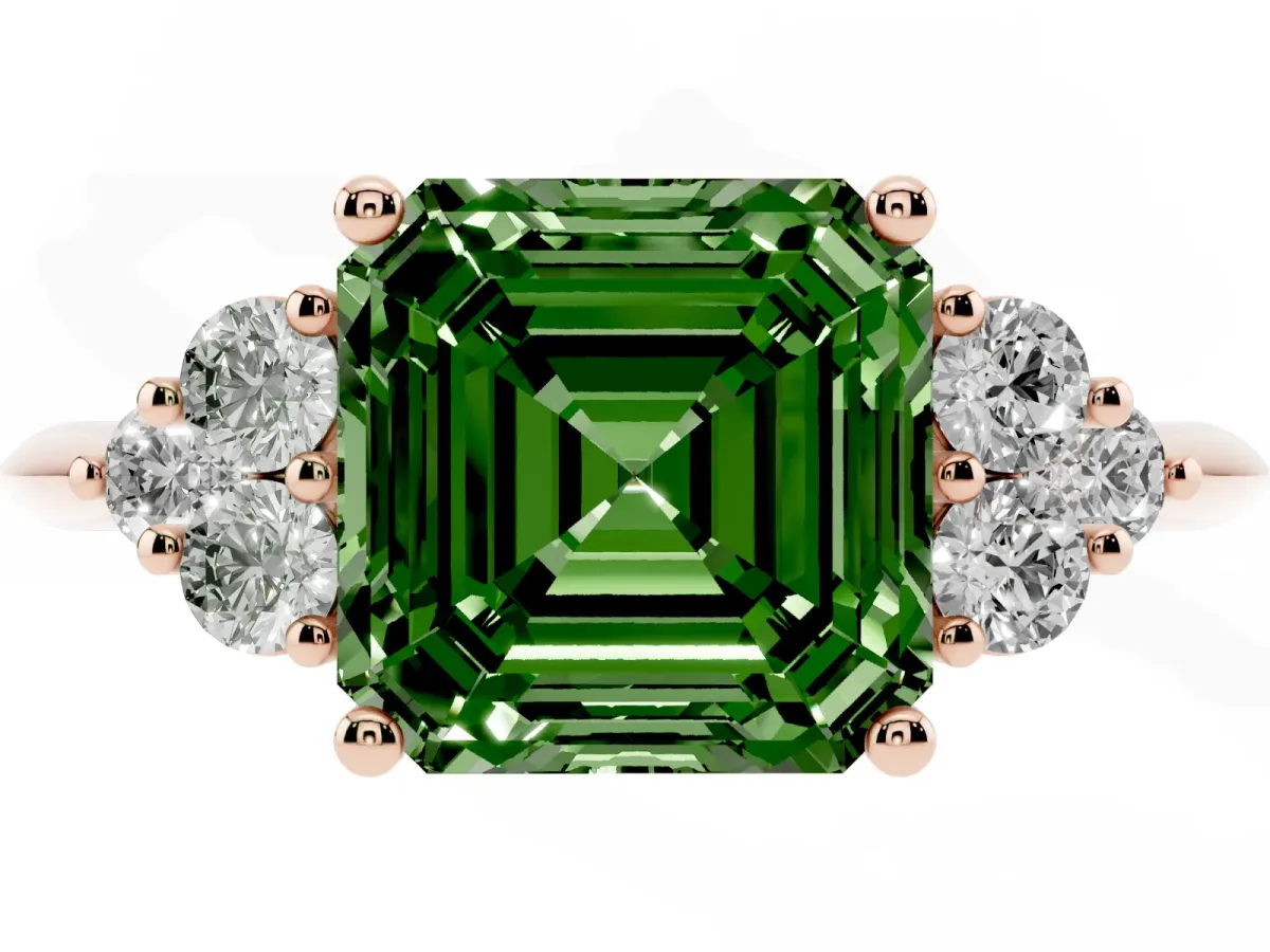 Fancy Green Asscher Cut Cut Diamond Cluster Ring with Solitaire Band and Four-Prong Setting Rose gold