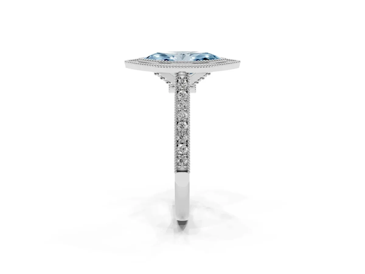 Fancy Blue Halo Marquise Cut-Cut Diamond Pave Band Milgrain Prong Setting Ring Silver