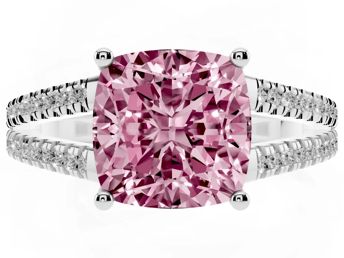 Fancy Pink Cushion Cut Diamond Solitaire Engagement Ring with Split Shank Pavé Band Silver