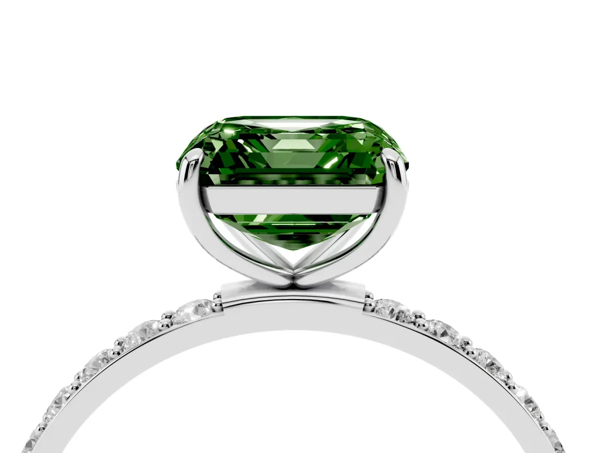 Fancy Green Asscher Cut Diamond Solitaire Ring with Round Pavé Shoulders and Prong Setting Silver