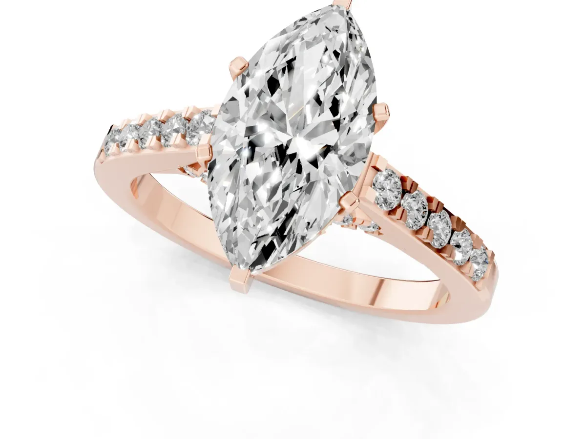 Marquise Cut Diamond Solitaire Ring with Crossover Gallery and Round Pavé Band Rose gold