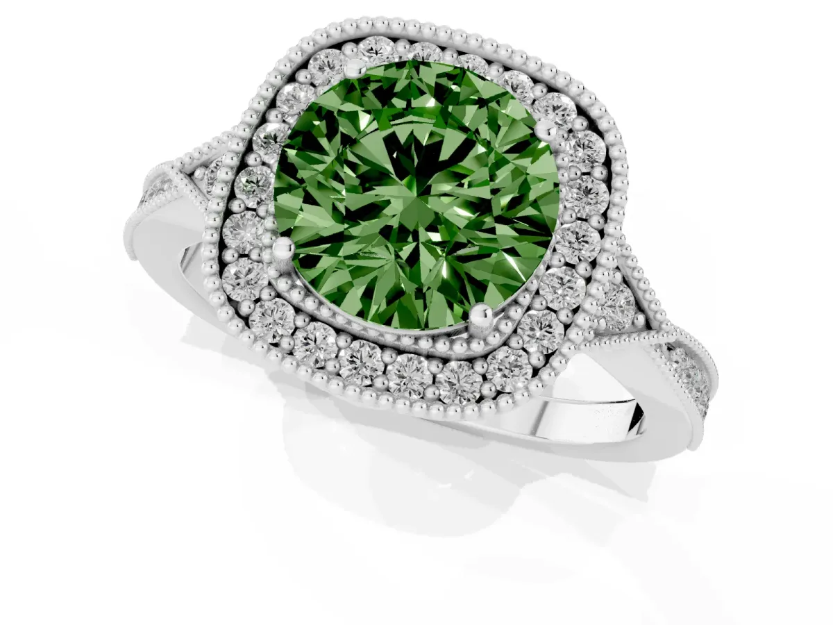 Fancy Green Round Cut Halo Round Diamond Milgrain Pave Engagement Ring Silver