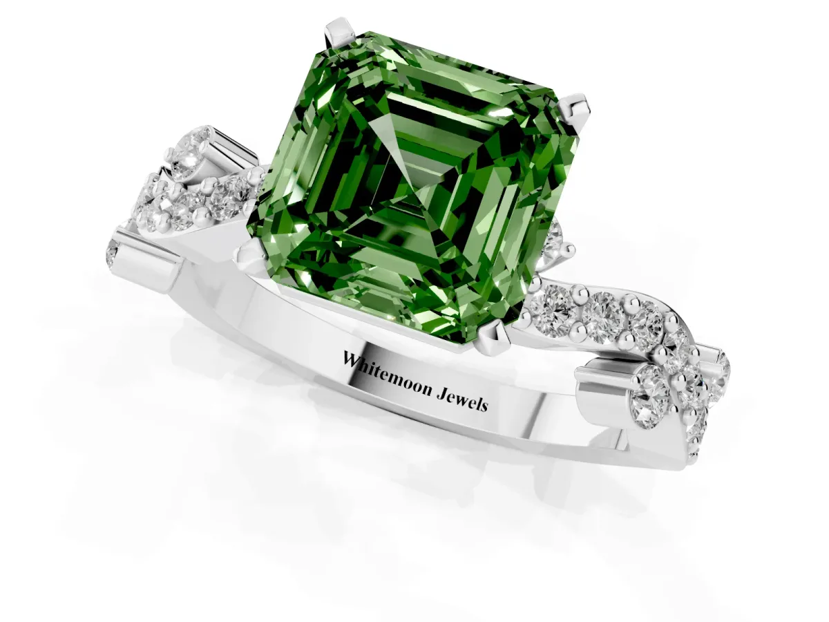Fancy Green Asscher Cut Cut Solitaire Diamond Twisted Band with Pave Setting Silver