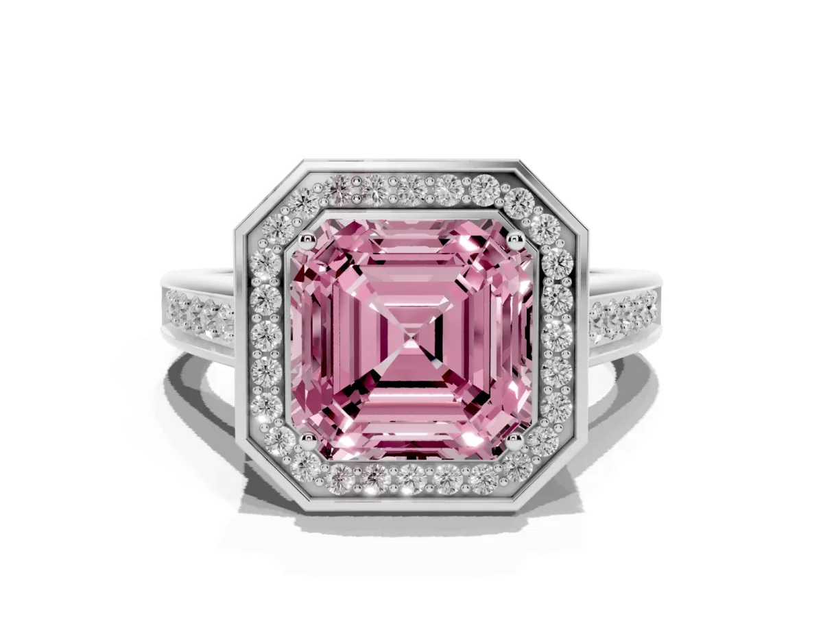Fancy Pink Asscher Cut Halo Solitaire Diamond Ring with Pave Band and Bezel Setting Silver