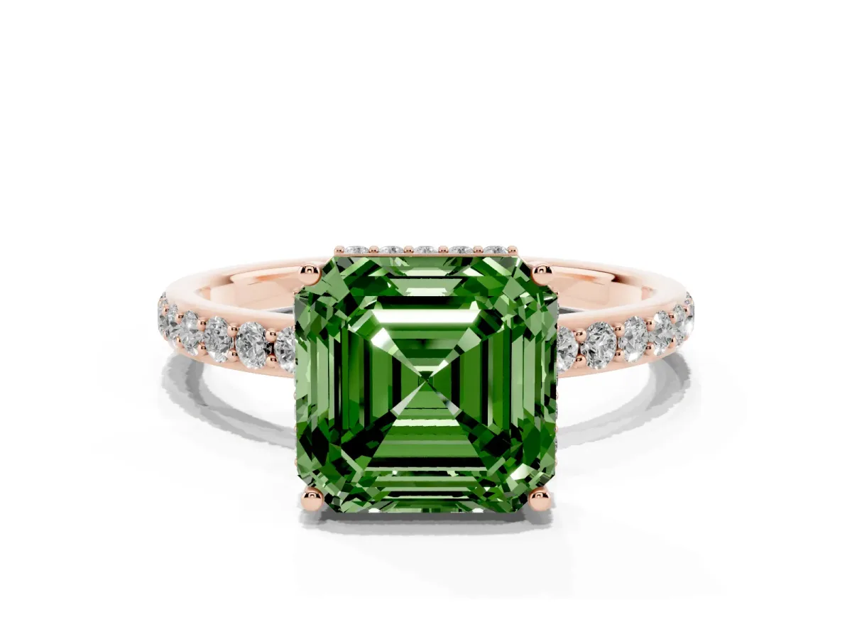 Fancy Green Asscher Cut Diamond Solitaire Ring with Pavé Band and Hidden Halo Rose gold