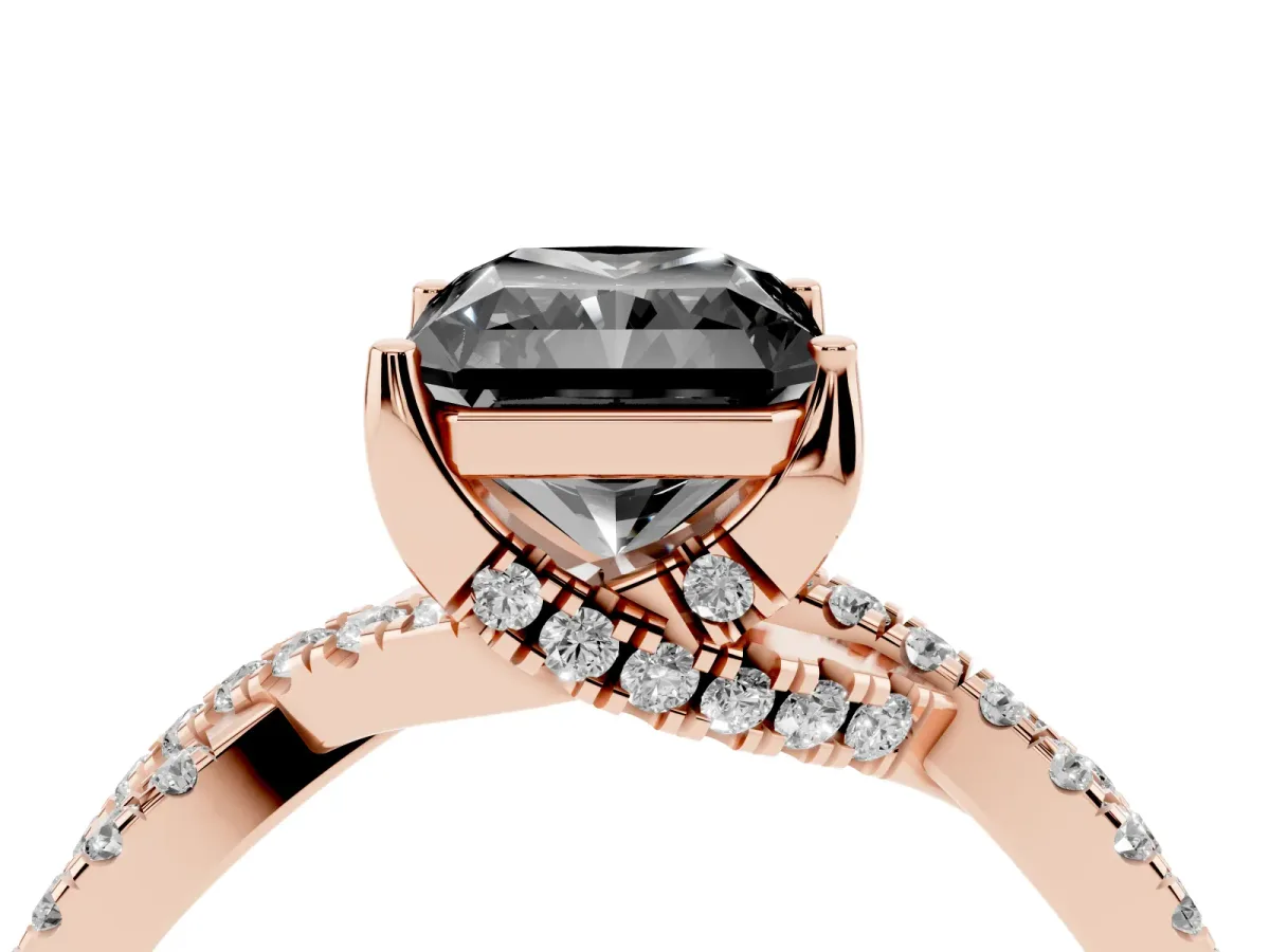 Fancy Black Radiant Cut Solitaire Twist Pave Diamond Engagement Ring with Prong Setting Rose gold