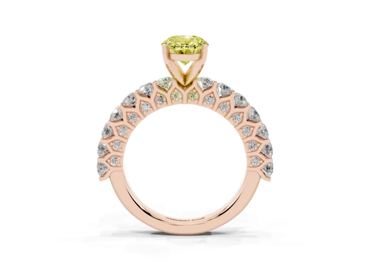 Fancy Yellow Oval Cut Diamond Solitaire Ring with Shared Prong Pavé Band and Four-Prong Setting Rose gold