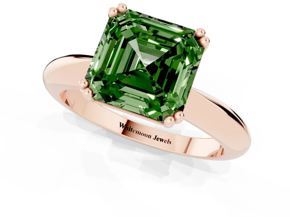 Fancy Green Asscher Cut Cut Solitaire Engagement Ring with Tapered Band and Four-Prong Setting Rose gold