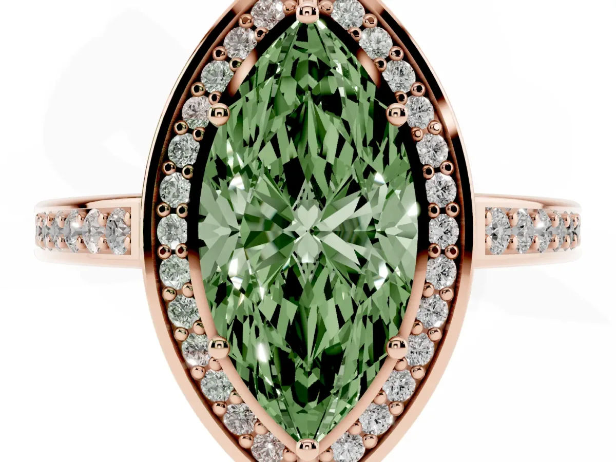 Fancy Green Marquise Cut Cut Halo Pave Split Shank Prong Setting Ring Rose gold