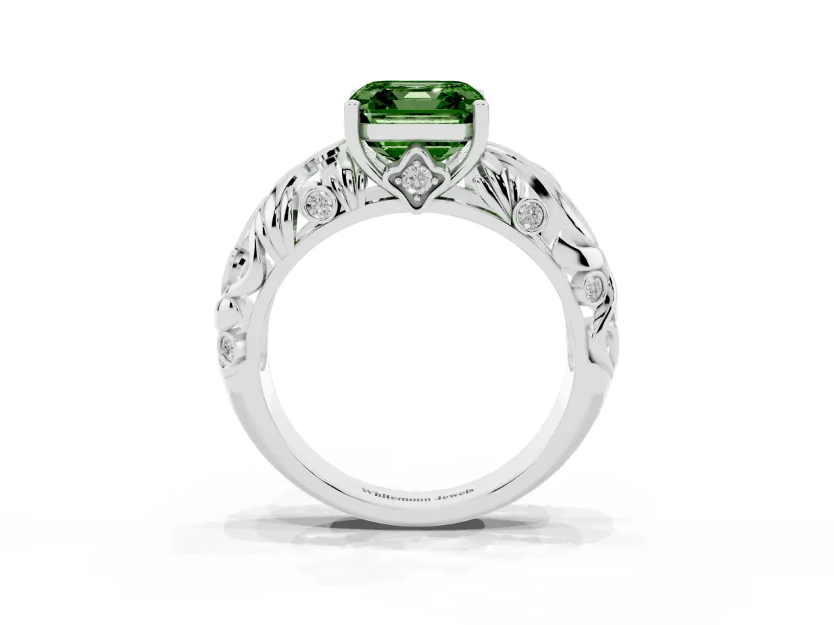 Fancy Green Asscher Cut Solitaire Diamond Leaf-Inspired Vine Band Ring with Prong Setting Silver
