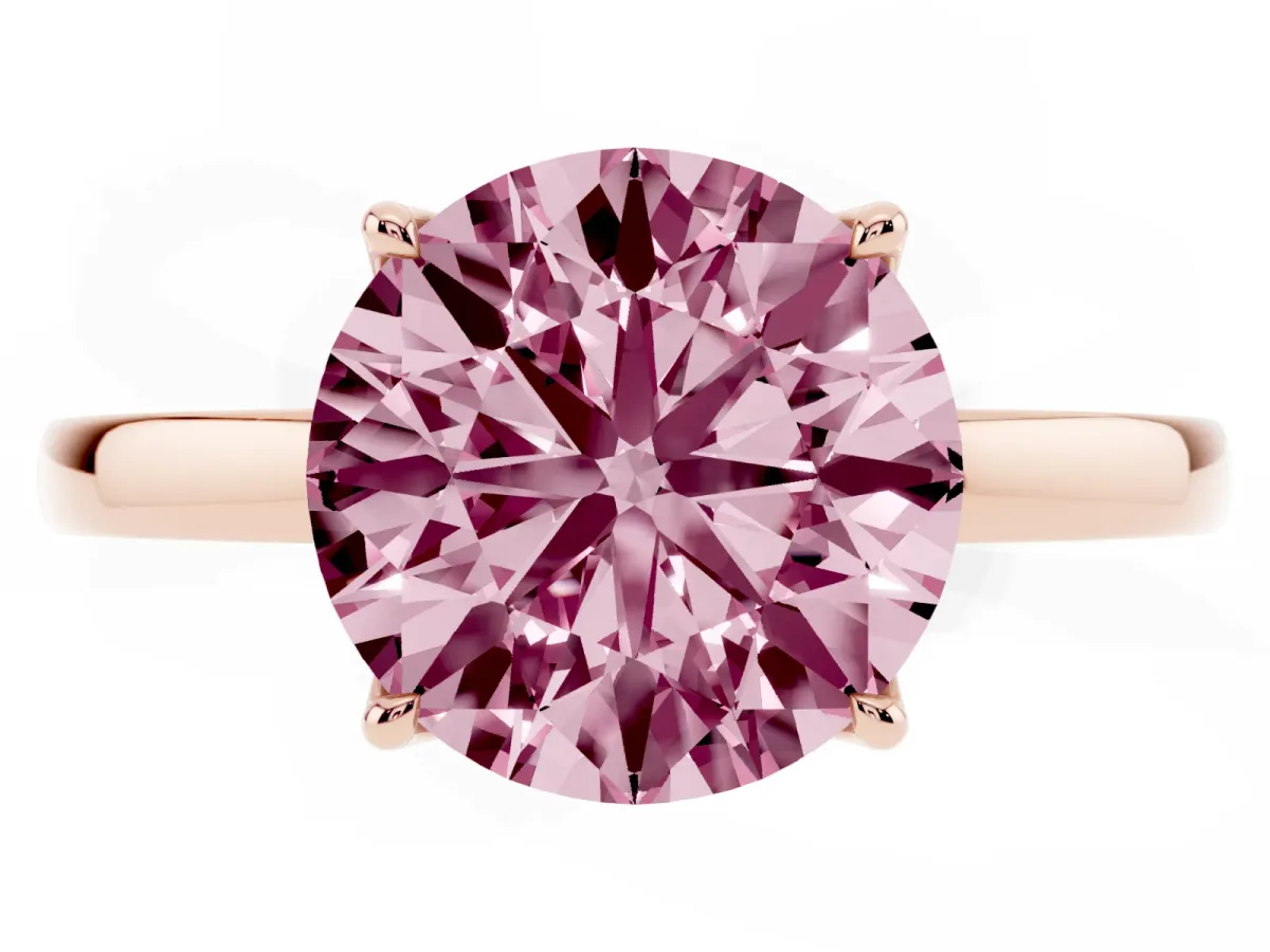 Fancy Pink Round Cut Diamond Solitaire Ring with Thin Band and Prong Setting Rose gold