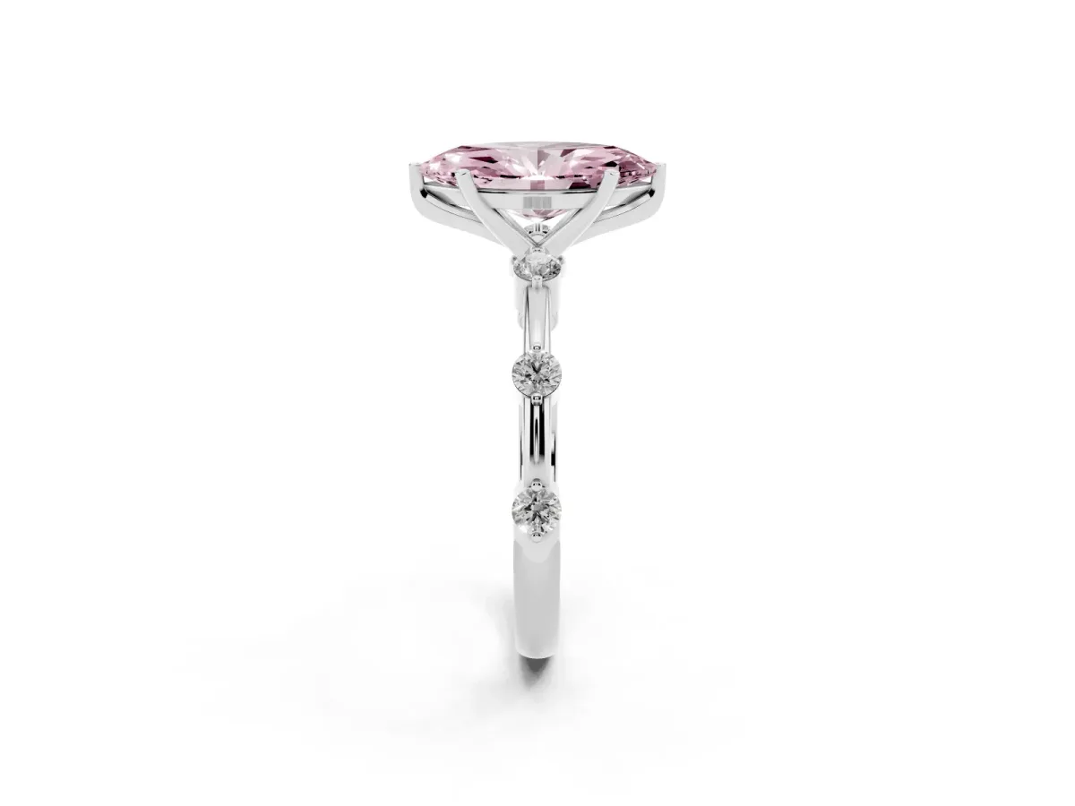 Fancy Pink Marquise Cut Solitaire Diamond Ring with Bezel Set Side Stones and Prong Setting Silver