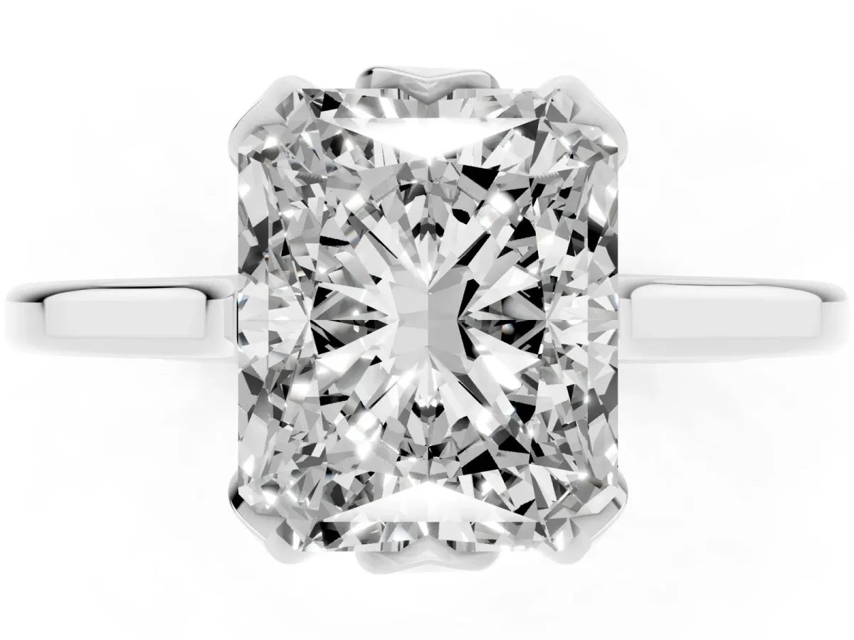 Radiant Cut Diamond Solitaire Ring with Flower Prong Setting and Classic Band Silver