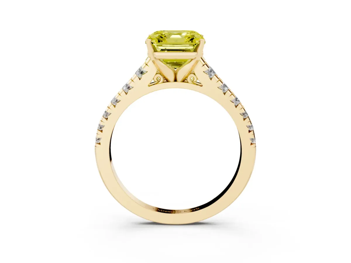 Fancy Yellow Asscher Cut Diamond Cathedral Solitaire Ring with Round Pavé Band Yellow gold