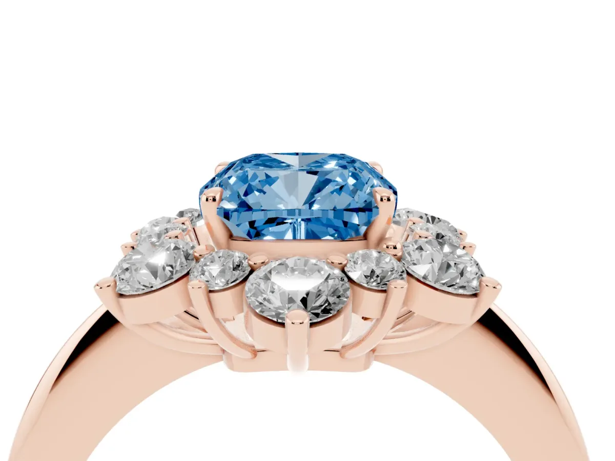 Fancy Blue Cushion Cut Diamond Cluster Halo Ring with Solitaire Band and Four-Prong Setting Rose gold