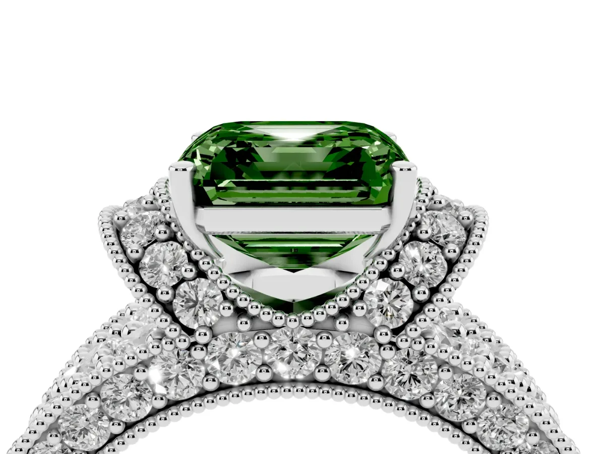 Fancy Green Asscher Cut Halo Pave Diamond Engagement Ring with Milgrain Detailing Platinum