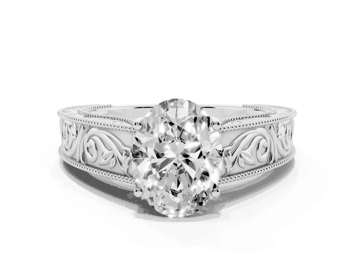 Oval Cut Diamond Solitaire Ring with Engraved Band and Four-Prong Setting Silver