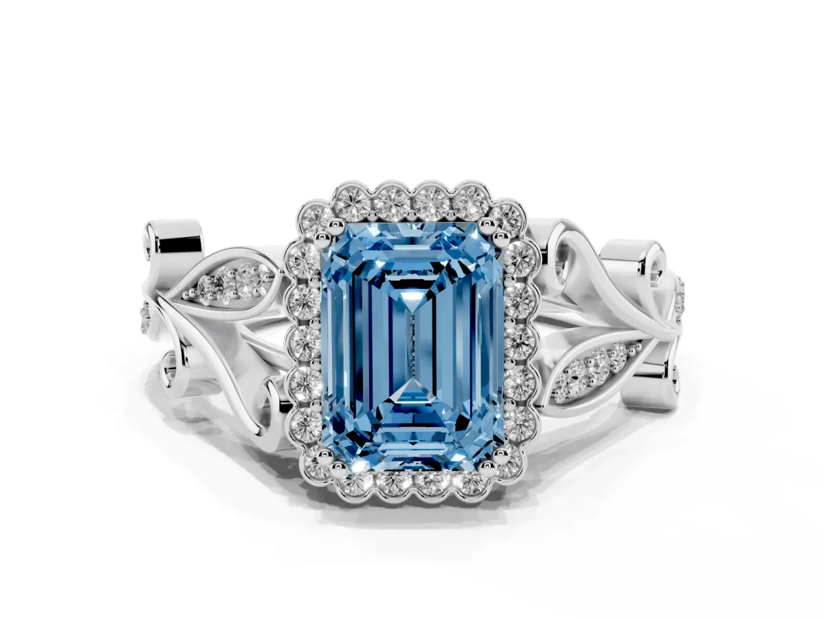 Fancy Blue Emerald Cut Diamond Halo Ring with Vintage Split Shank and Four-Prong Setting Silver