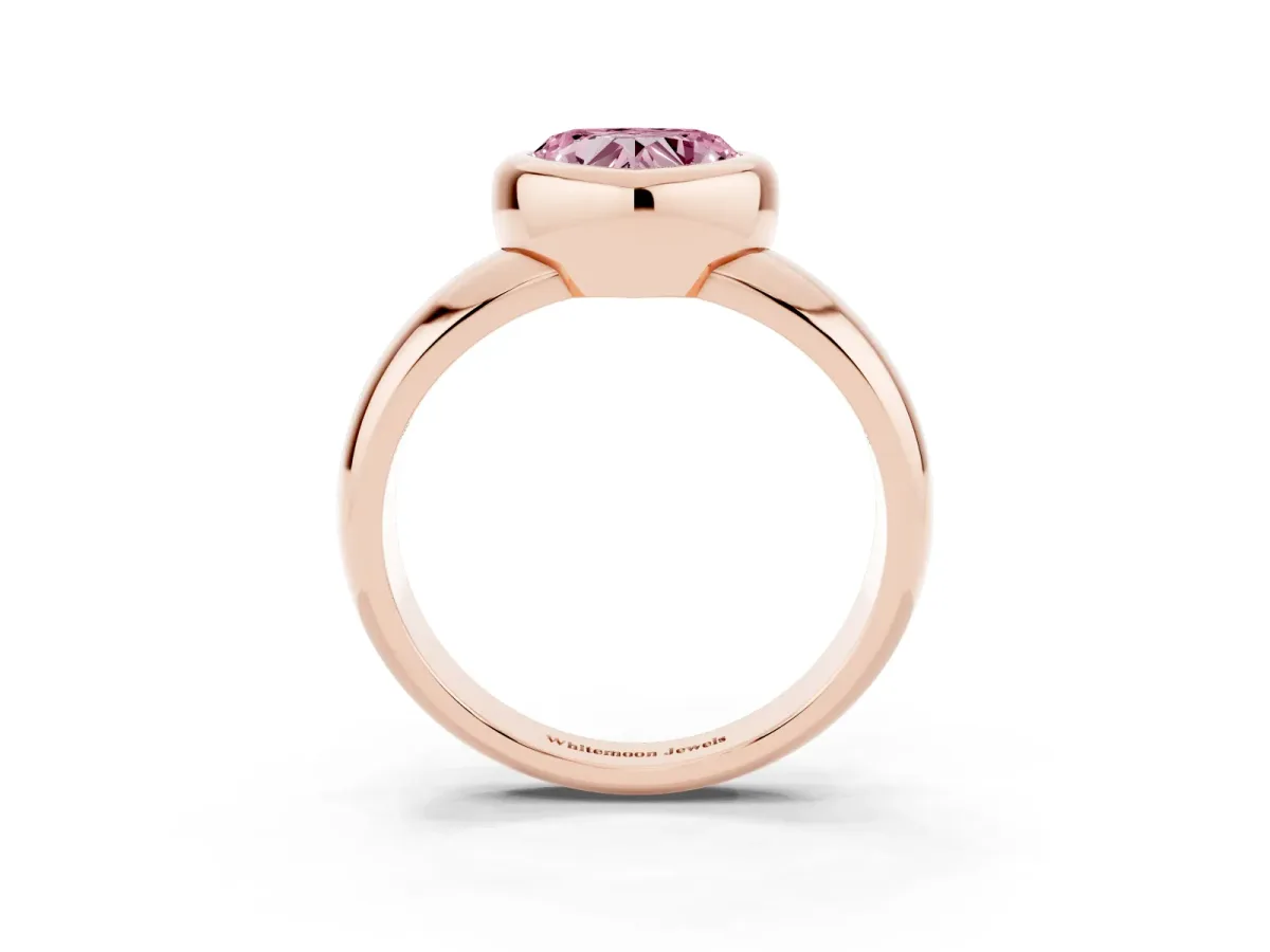 Fancy Pink Bezel Set Heart Cut Solitaire Ring with Wide Band Rose gold