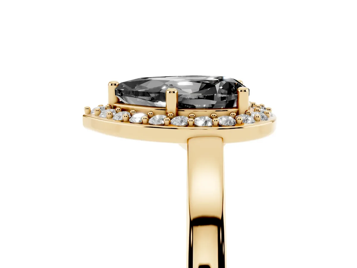 Fancy Black Pear Cut Halo Diamond Ring with Solitaire Band and Prong Setting Yellow gold