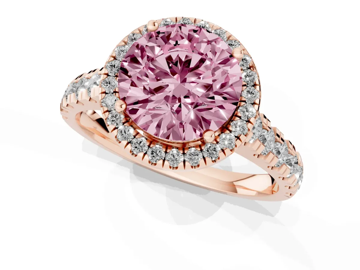 Fancy Pink Round Cut Halo Pavé Diamond Engagement Ring with Four-Prong Setting Rose gold