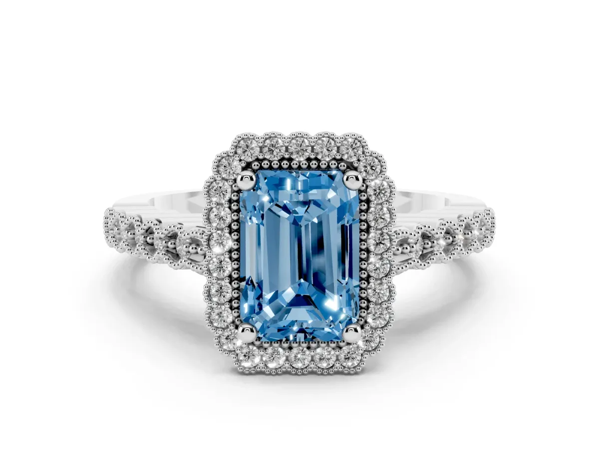 Fancy Blue Radiant Cut Cut Halo Pavé Solitaire Ring with Milgrain Band Silver