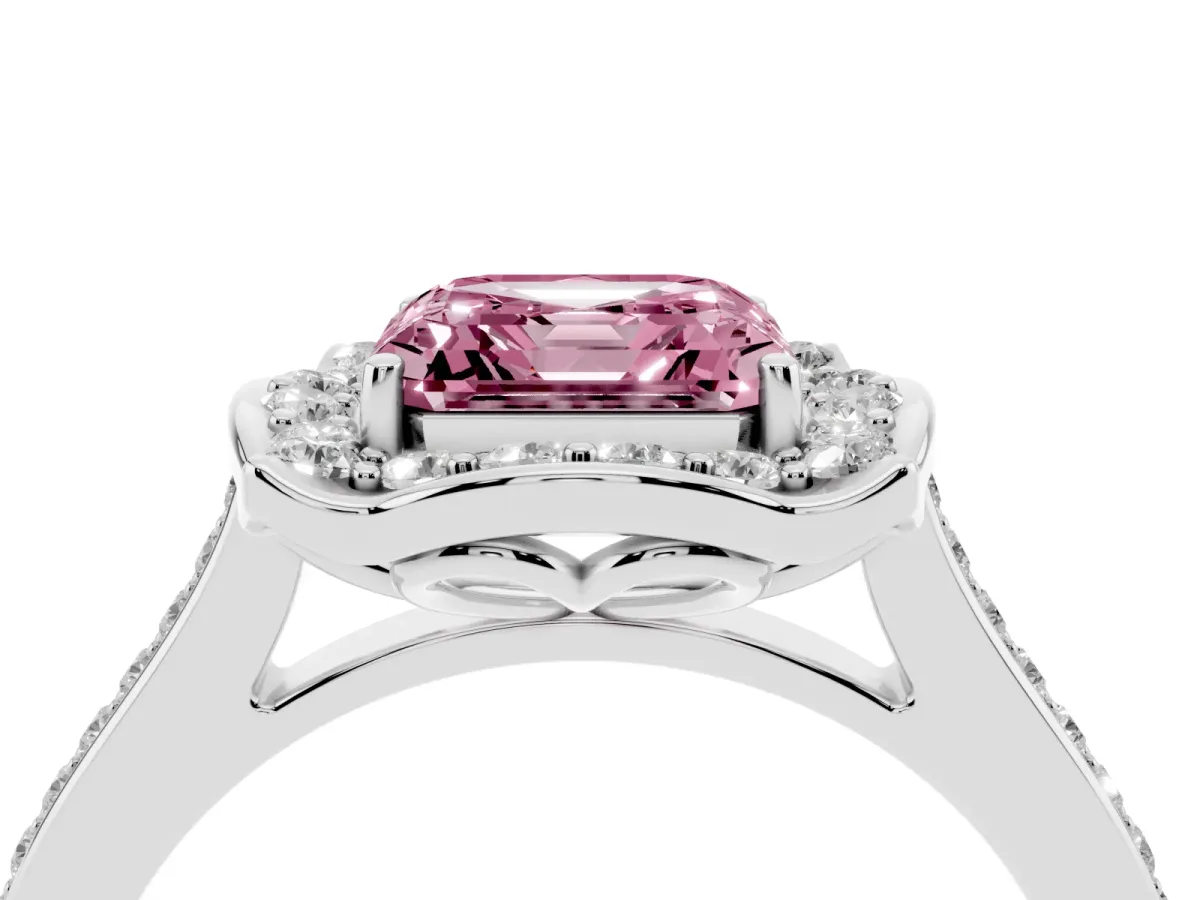Fancy Pink Asscher Cut Halo Round Diamond Pave Band with Four-Prong Setting Platinum