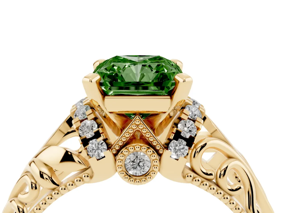 Fancy Green Radiant Cut Solitaire Filigree Engagement Ring with Halo and Prong Setting Yellow gold